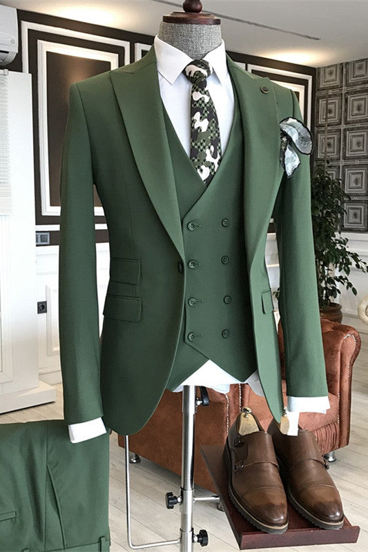 Contemporary Emerald Peaked Lapel Three-Piece Prom Attire