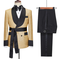 Contemporary Gold Shawl Collar Double Breasted Groom's Wedding Suit