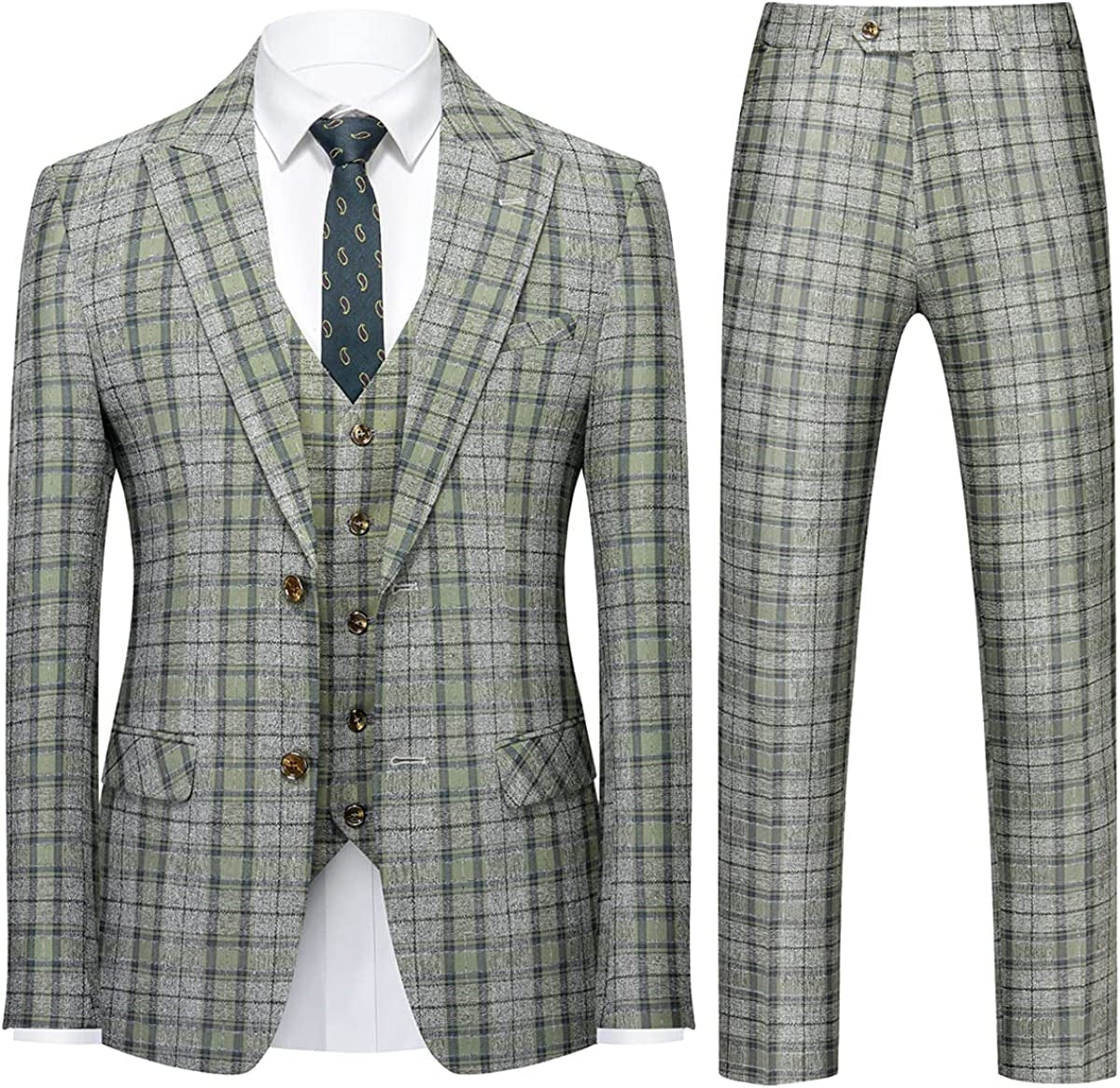 Contemporary Green Notched Lapel Three-Piece Business Suit for Men