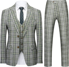 Contemporary Green Notched Lapel Three-Piece Business Suit for Men