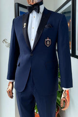 Contemporary Navy Blue Peaked Lapel Two-Piece Prom Suit