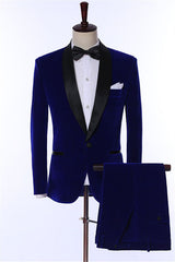 Contemporary Navy Blue Shawl Collar Two-Piece Velvet Groom's Suit