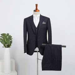 Contemporary Navy Blue Striped Three Pieces Slim Fit Custom Business Suit