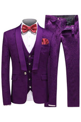 Contemporary Purple Shawl Collar Three-Piece Jacquard Groom's Suit