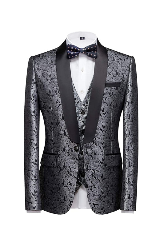 Contemporary Silver Jacquard Three-Piece Groom's Wedding Suit