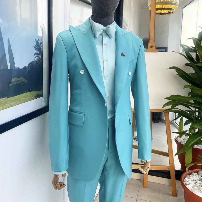 Contemporary Sky Blue Peak Lapel Two-Piece Prom Ensemble