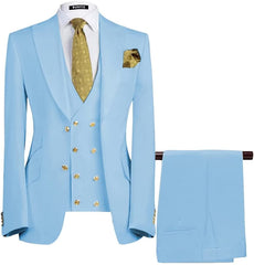 Contemporary Sky Blue Three-Piece Peaked Lapel Prom Suit For Men