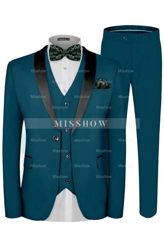 Contemporary Teal Three-Piece Shawl Collar Wedding Ensemble for Men