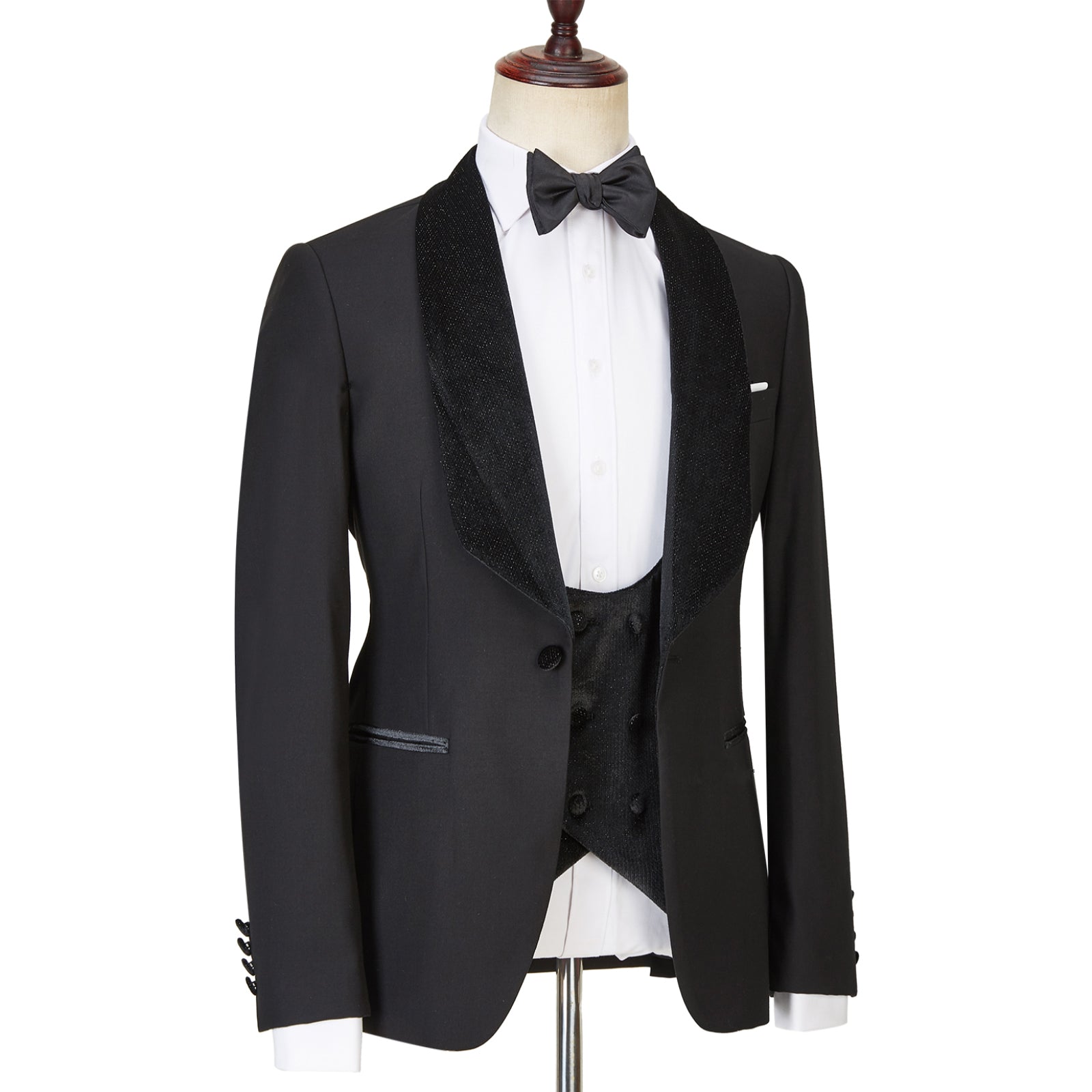 Contemporary Three-Piece Black Shawl Lapel Sparkling Men’s Wedding Suits