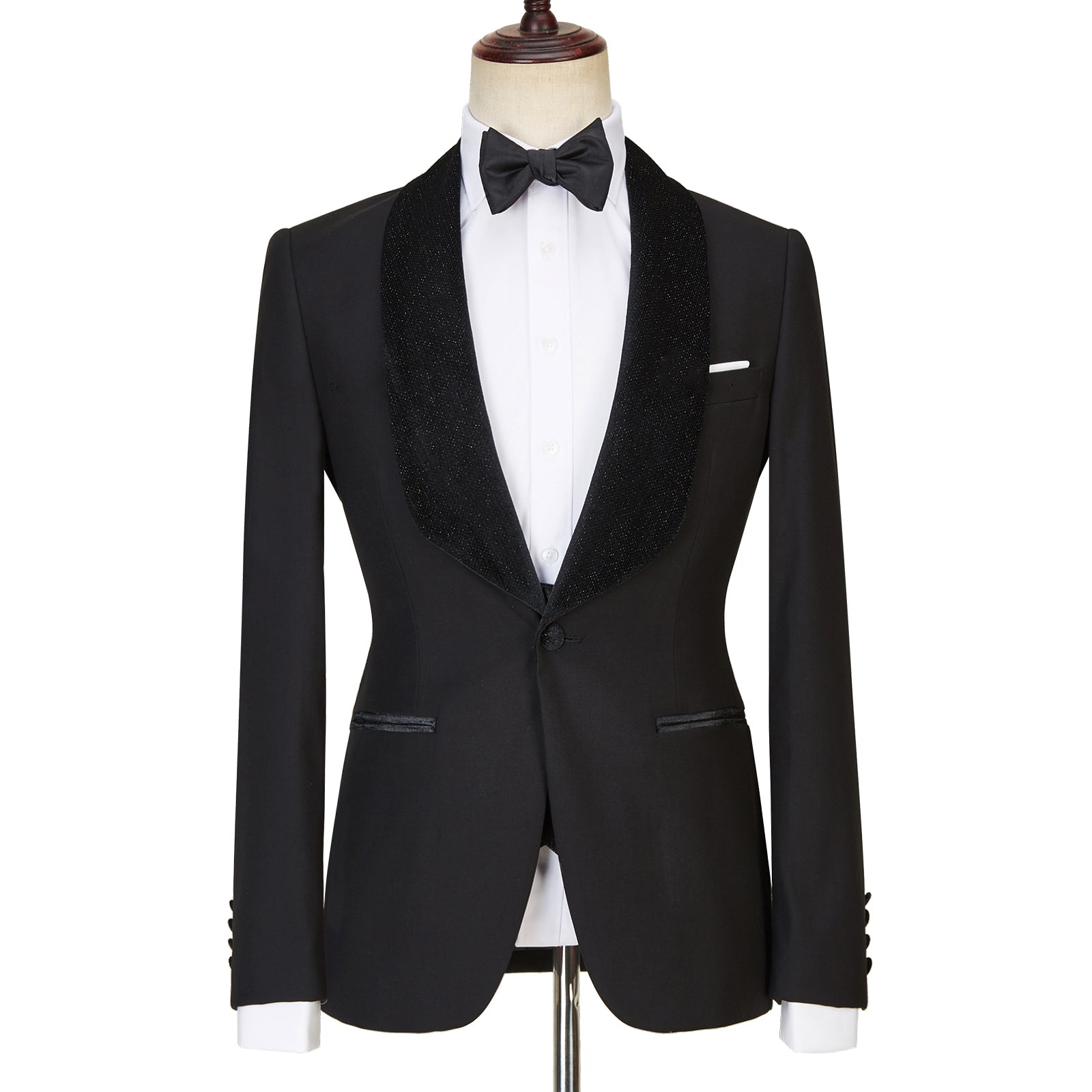 Contemporary Three-Piece Black Shawl Lapel Sparkling Men’s Wedding Suits