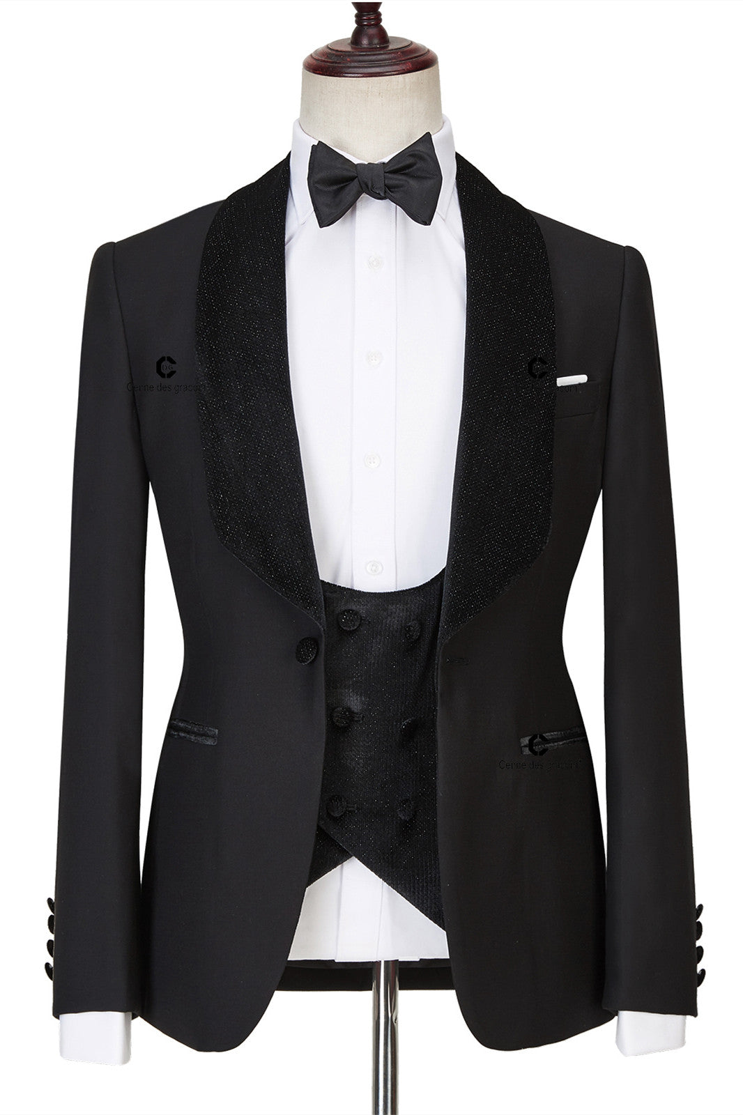 Contemporary Three-Piece Black Shawl Lapel Sparkling Men’s Wedding Suits