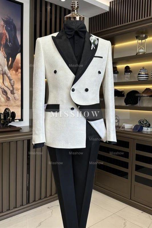 Contemporary White Peaked Lapel Double-Breasted Jacquard Wedding Ensemble