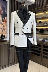 Contemporary White Peaked Lapel Double-Breasted Jacquard Wedding Ensemble