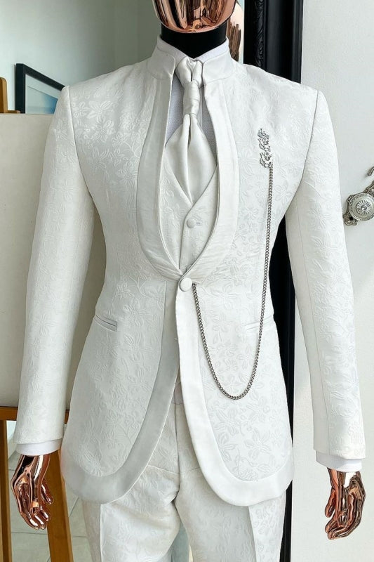 Contemporary White Shawl Collar Three-Piece Jacquard Wedding Attire