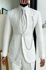 Contemporary White Shawl Collar Three-Piece Jacquard Wedding Attire