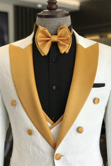 Contemporary White Three-Piece Jacquard Groom's Suit With Yellow Peak Lapel