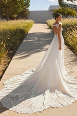 Convertible Long Sleeve Square Neck Floral Lace Sheer Corset Chiffon A-Line Wedding Dress Cathedral Train 3D Floral