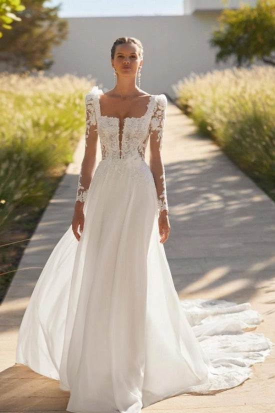 Convertible Long Sleeve Square Neck Floral Lace Sheer Corset Chiffon A-Line Wedding Dress Cathedral Train 3D Floral