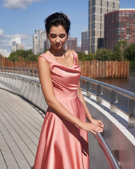 Coral Cowl Neck Sleeveless A-Line Satin Midi Formal Dress