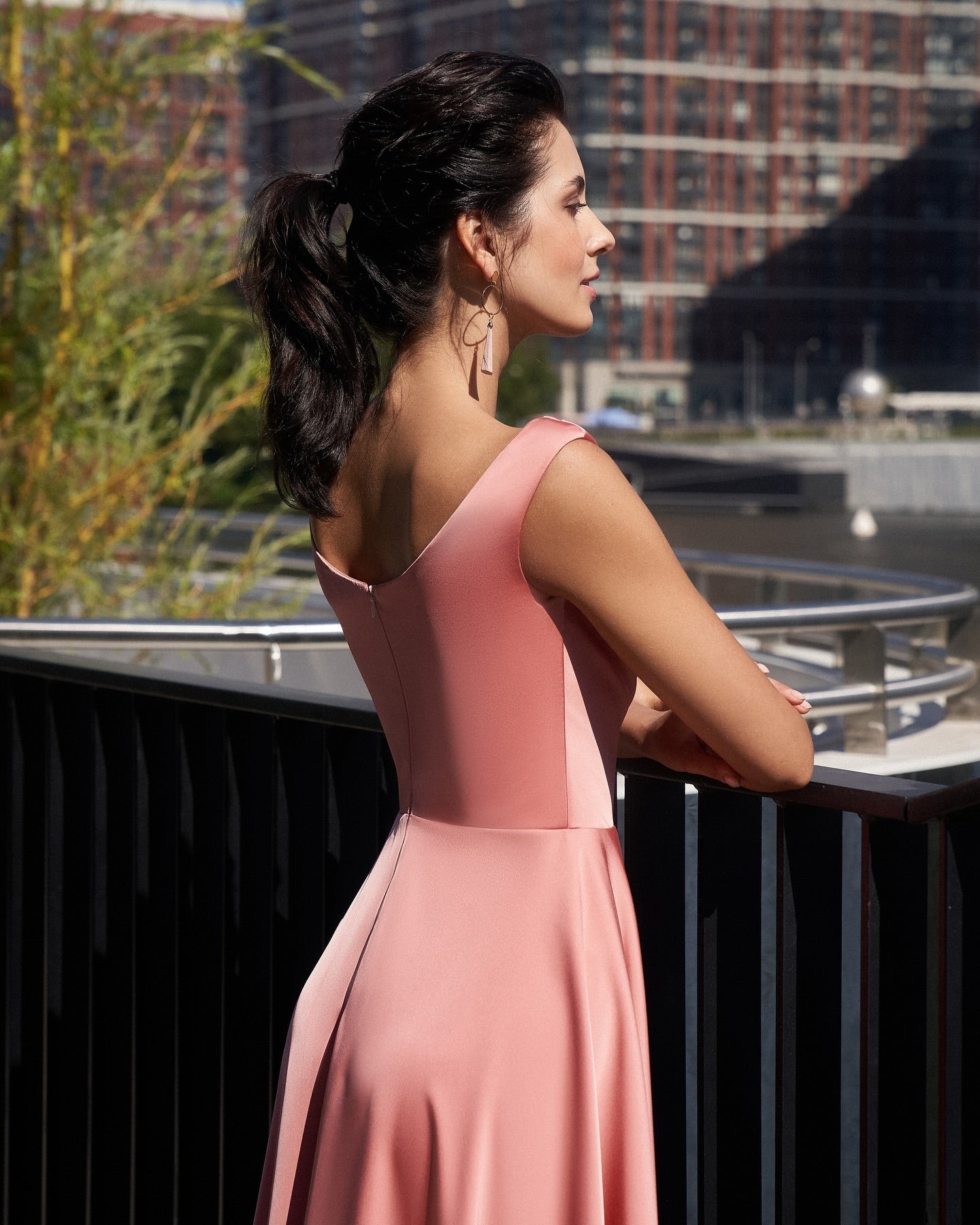 Coral Cowl Neck Sleeveless A-Line Satin Midi Formal Dress