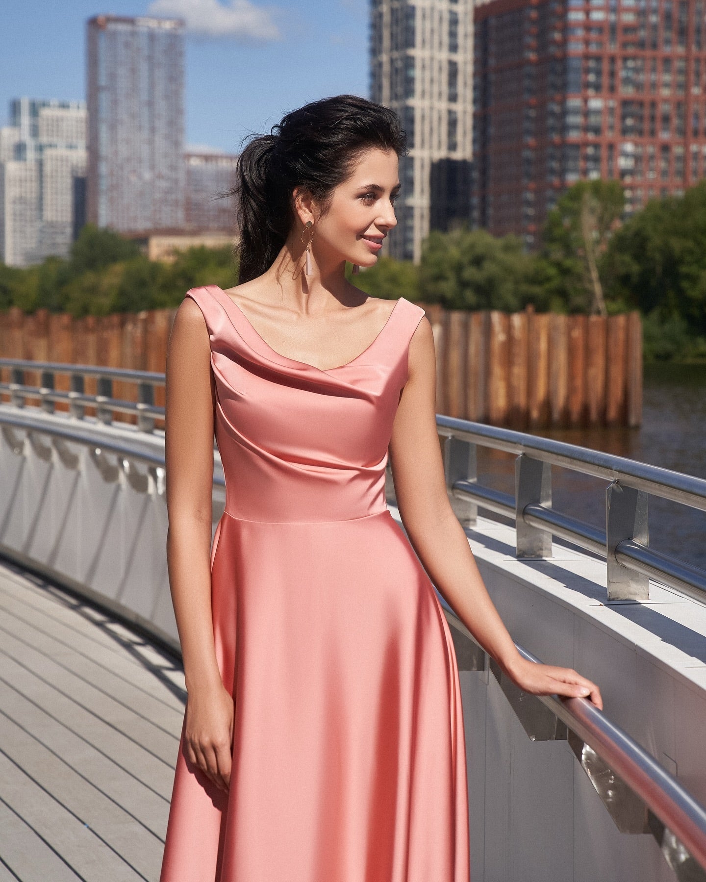 Coral Cowl Neck Sleeveless A-Line Satin Midi Formal Dress