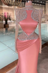 Coral High Neck Long Sleeve Beaded Mermaid Satin Illusion Floor Length Evening Gown