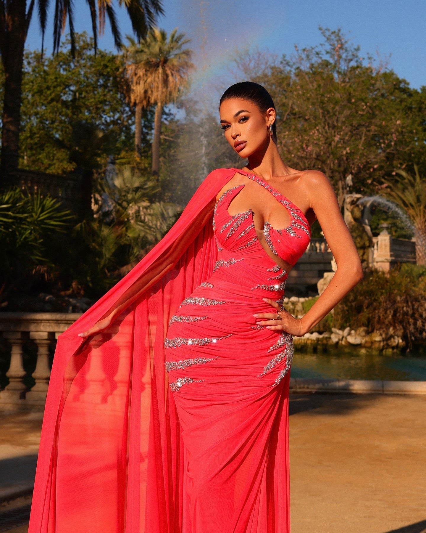 Coral One Shoulder Cape Sleeves Column Chiffon Rhinestone Open Back Formal Evening Gown