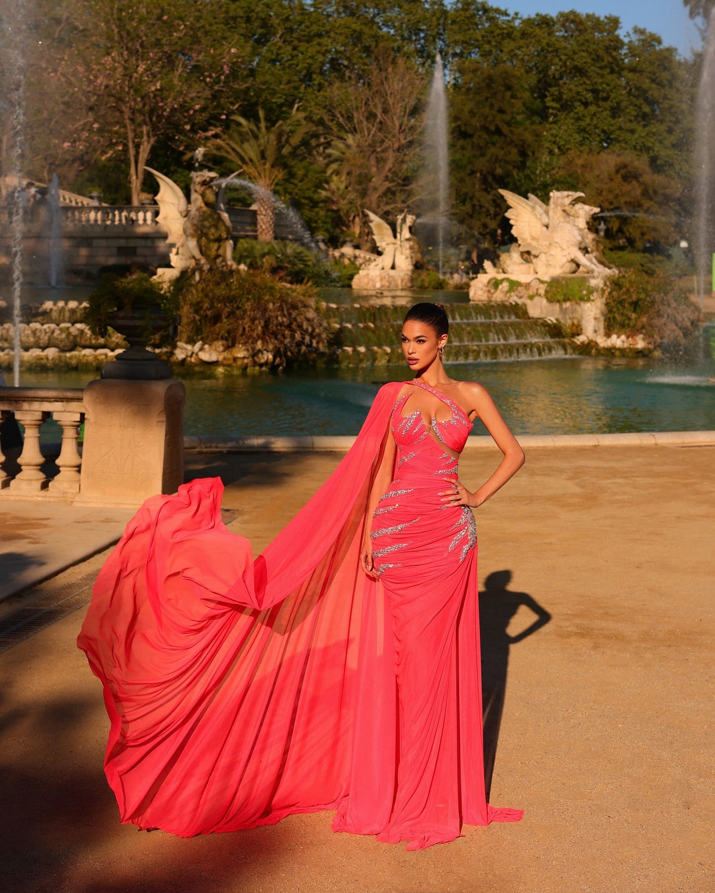 Coral One Shoulder Cape Sleeves Column Chiffon Rhinestone Open Back Formal Evening Gown