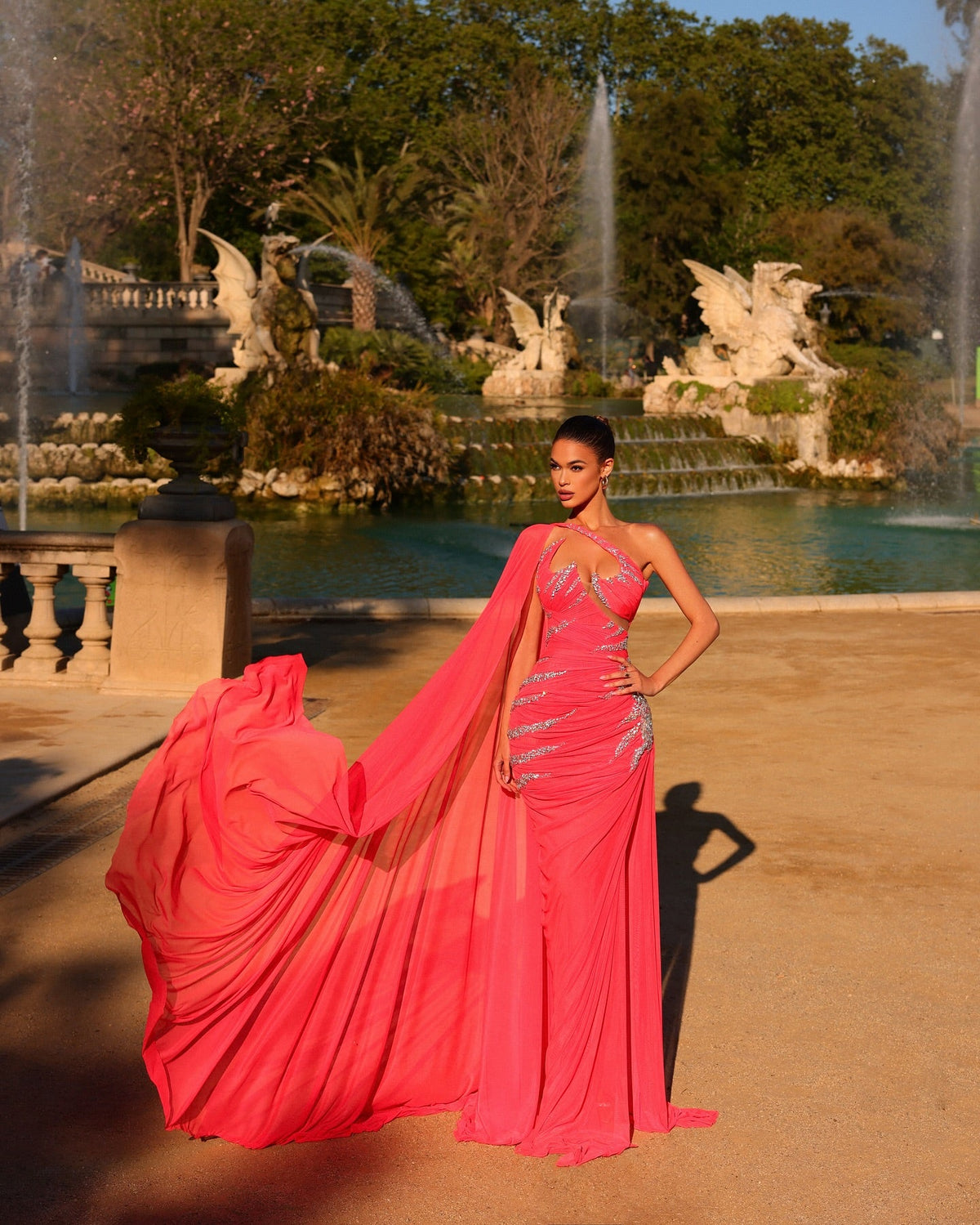 Coral Red Chiffon Cape Mermaid Evening Dress Asymmetric Halter Neck Sleeveless with Drape Crystal Sequin Ruched Open Back Formal Gown