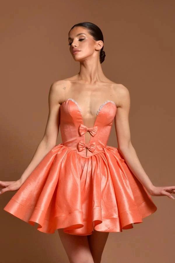 Coral Satin Strapless Corset Mini Dress Deep Sweetheart Crystal Trim Double Bow Lace-Up Back Ball Gown Ballet Homecoming