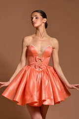 Coral Satin Strapless Corset Mini Dress Deep Sweetheart Crystal Trim Double Bow Lace-Up Back Ball Gown Ballet Homecoming
