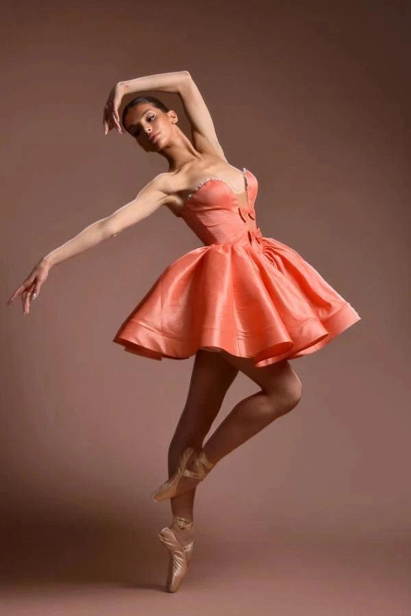 Coral Satin Strapless Corset Mini Dress Deep Sweetheart Crystal Trim Double Bow Lace-Up Back Ball Gown Ballet Homecoming