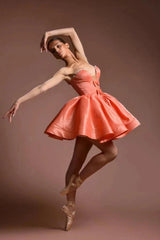 Coral Satin Strapless Corset Mini Dress Deep Sweetheart Crystal Trim Double Bow Lace-Up Back Ball Gown Ballet Homecoming