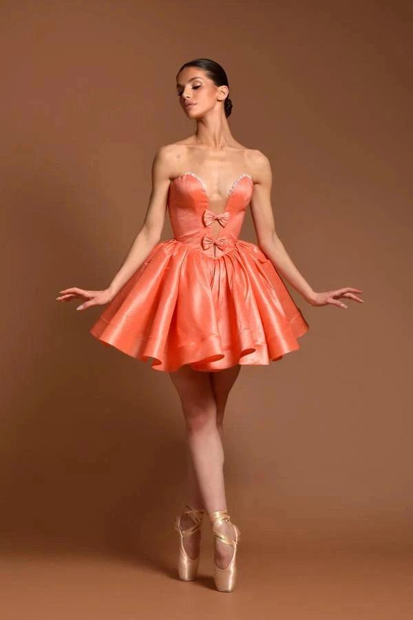 Coral Satin Strapless Corset Mini Dress Deep Sweetheart Crystal Trim Double Bow Lace-Up Back Ball Gown Ballet Homecoming