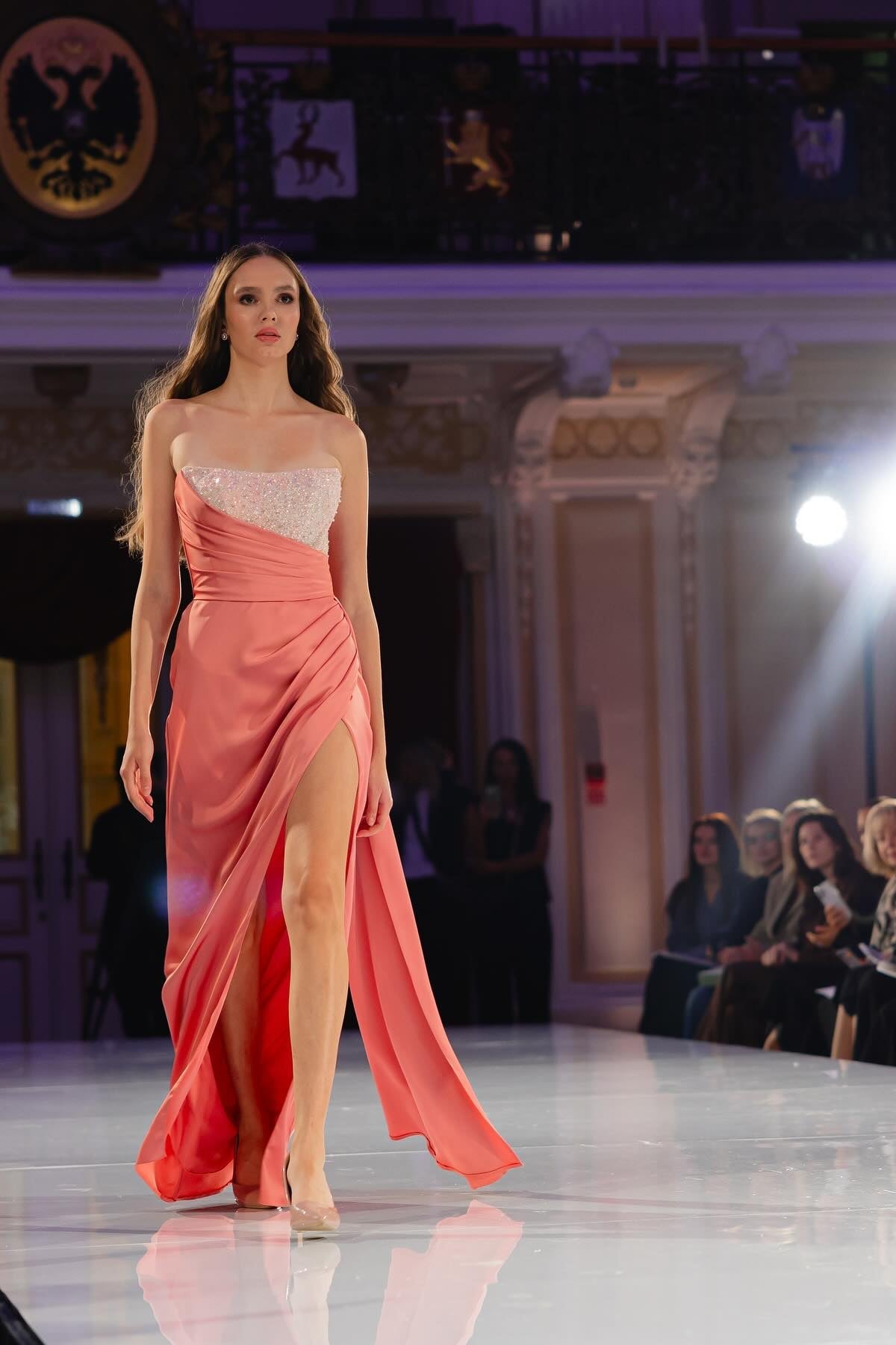 Coral Strapless Beaded Sleeveless Column Satin High Slit Floor Length Formal Evening Gown
