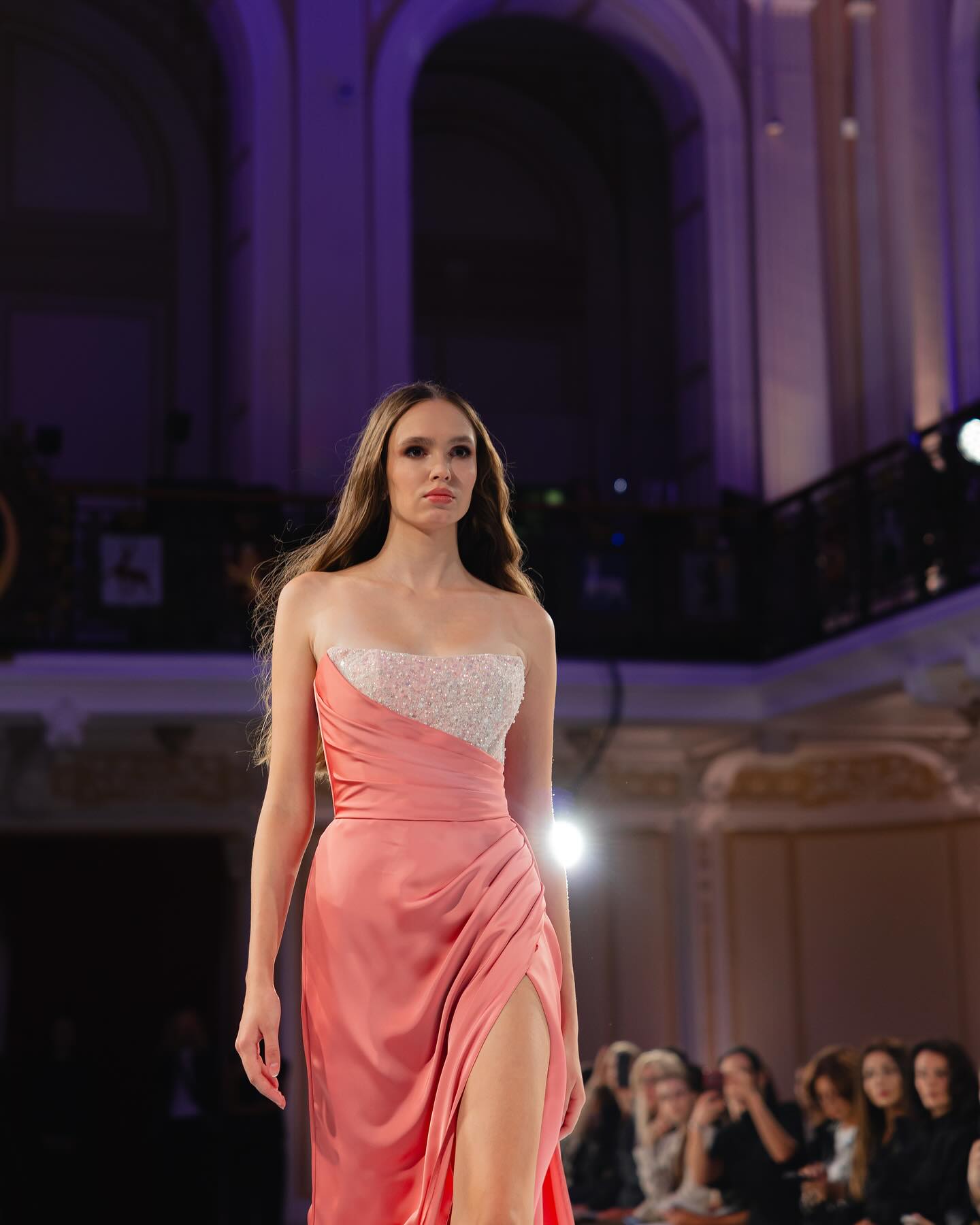 Coral Strapless Sleeveless Long Column Satin Formal Dress Sequin Ruched Open Back High Slit Evening Gown