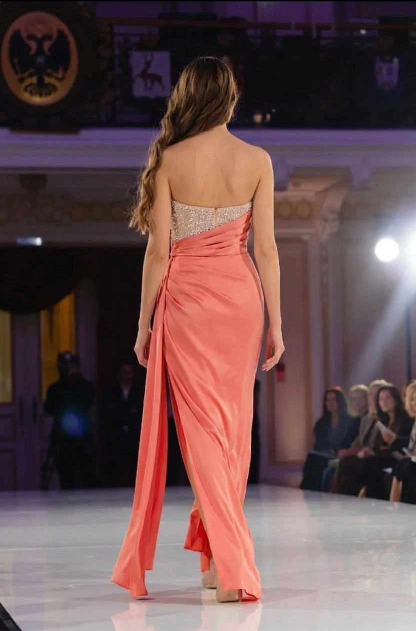 Coral Strapless Sleeveless Long Column Satin Formal Dress Sequin Ruched Open Back High Slit Evening Gown