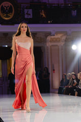 Coral Strapless Sleeveless Long Column Satin Formal Dress Sequin Ruched Open Back High Slit Evening Gown
