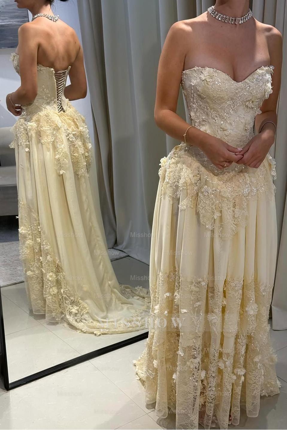 Cream Sweetheart Sleeveless A-Line Lace Floral Appliques Floor Length Formal Evening Gown
