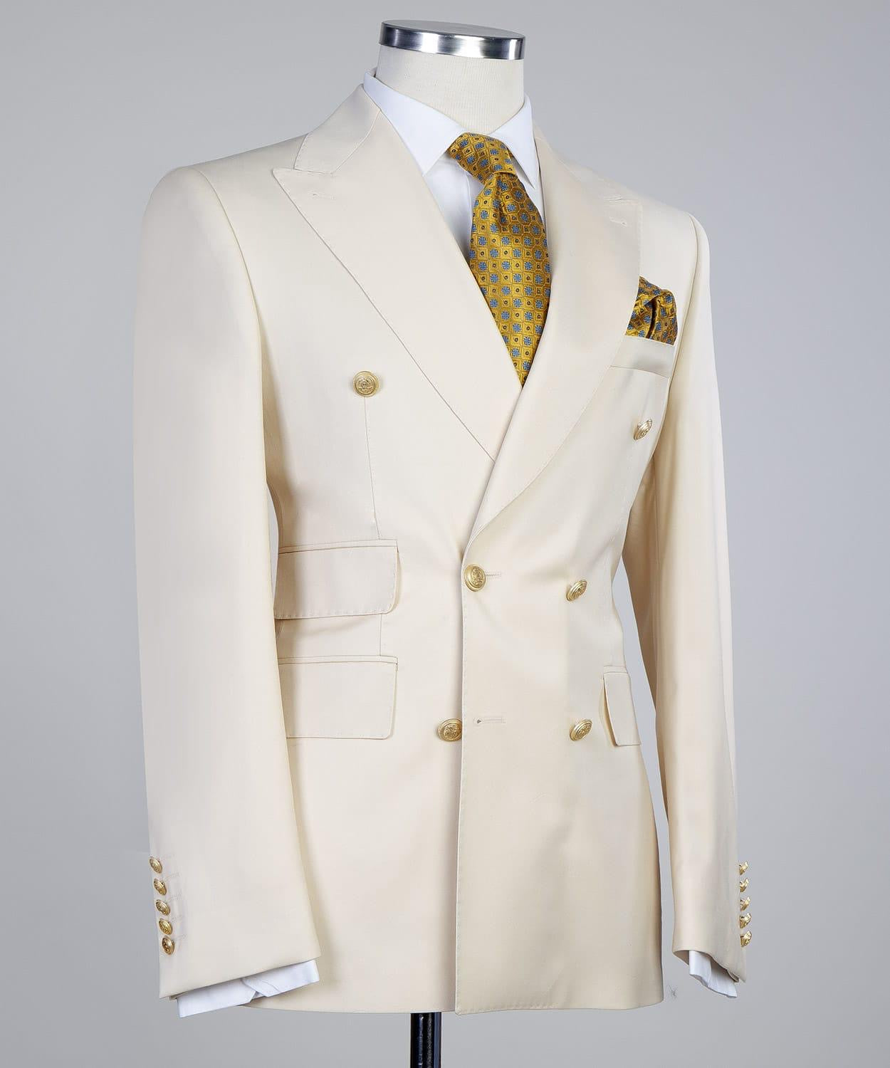 Creamy White Double Breasted Fashionable Peak Lapel Men’s Suits
