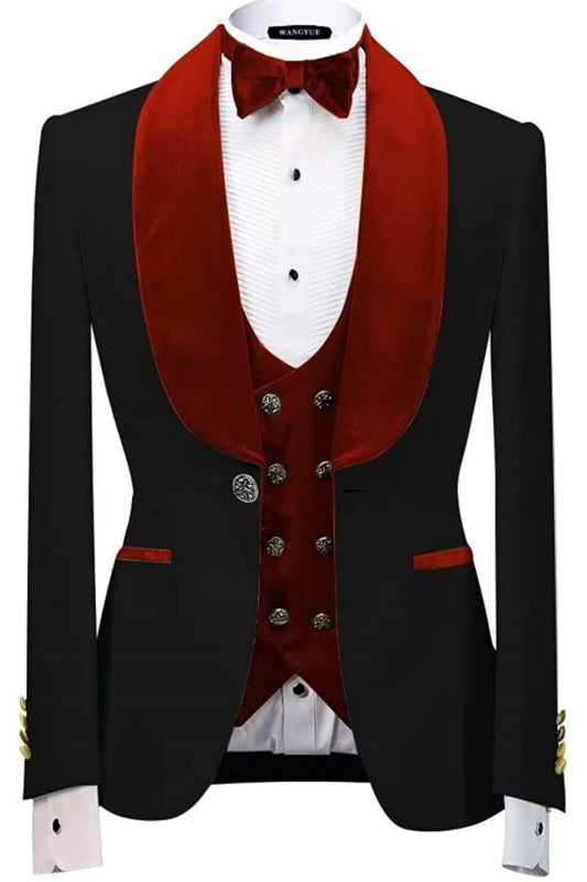 Crimson Shawl Collar Three-Piece Slim Fit Velvet Groom's Suit