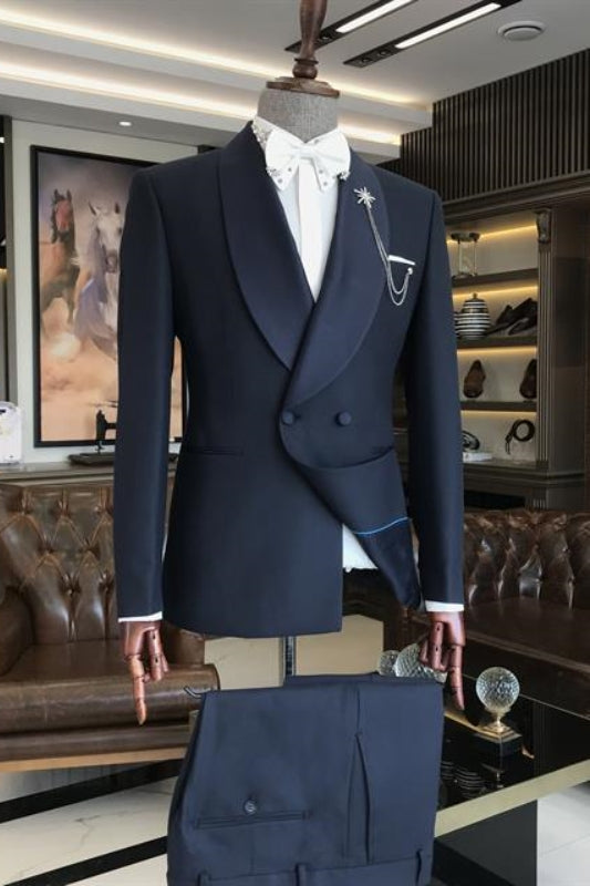 Custom Black Shawl Collar Double-Breasted Groom's Attire
