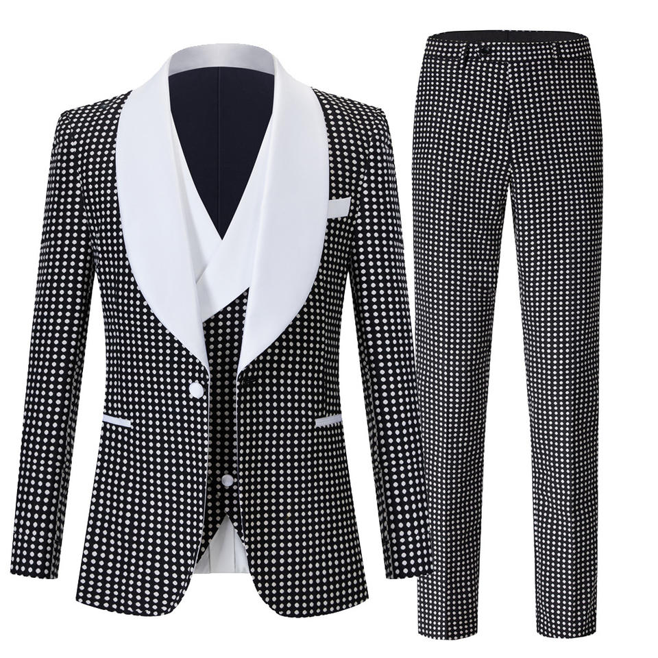 Custom Black Shawl Collar Three-Piece Wedding Attire With White Polka Dots