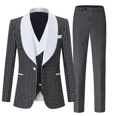 Custom Black Shawl Collar Three-Piece Wedding Attire With White Polka Dots