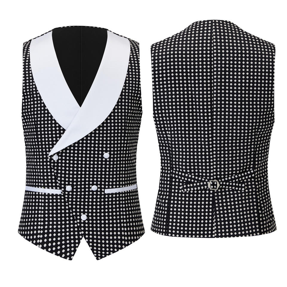 Custom Black Shawl Collar Three-Piece Wedding Attire With White Polka Dots