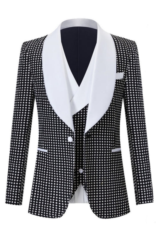 Custom Black Shawl Collar Three-Piece Wedding Attire With White Polka Dots