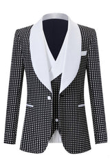 Custom Black Shawl Collar Three-Piece Wedding Attire With White Polka Dots
