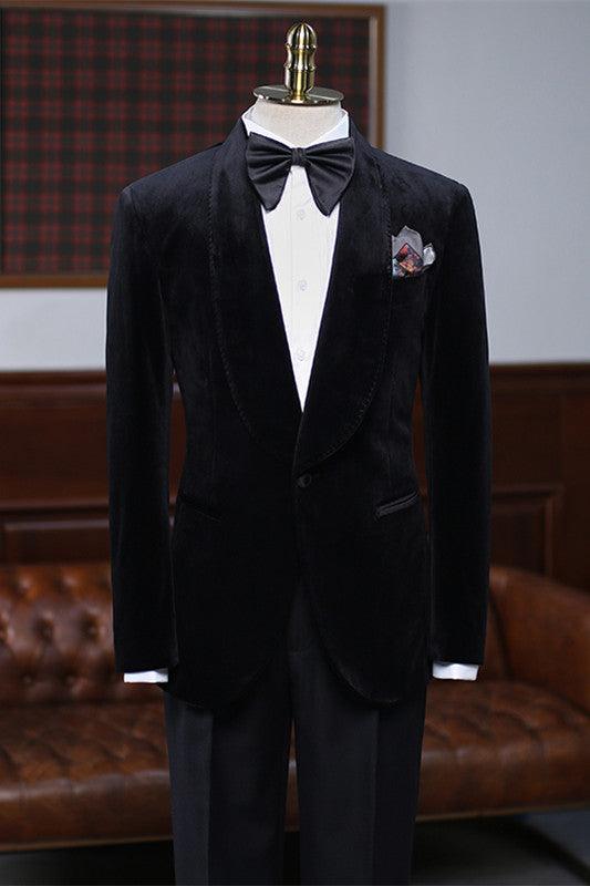 Custom Black Shawl Lapel Velvet Wedding Suit for Men