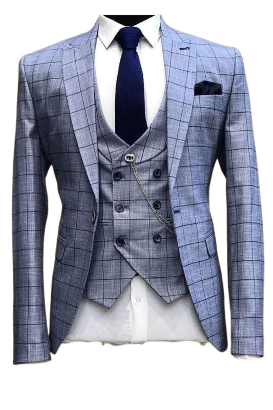 Custom Blue Lapel Three Piece Plaid Business Suit