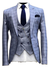 Custom Blue Lapel Three Piece Plaid Business Suit